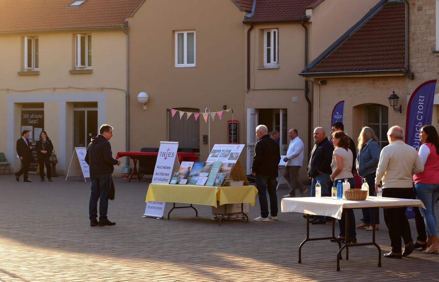 Stand associatif sur la place d'un village, ambiance de forum local.